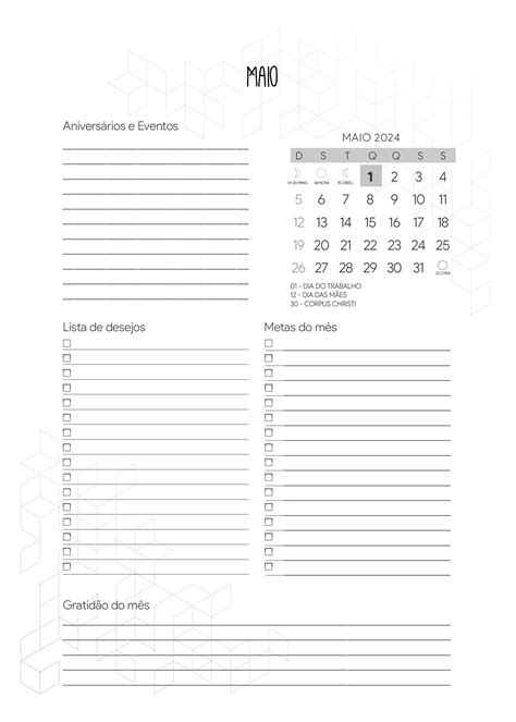 Agenda Maio Planner Xadrez Cinza Minimalista Fazendo A Nossa Festa