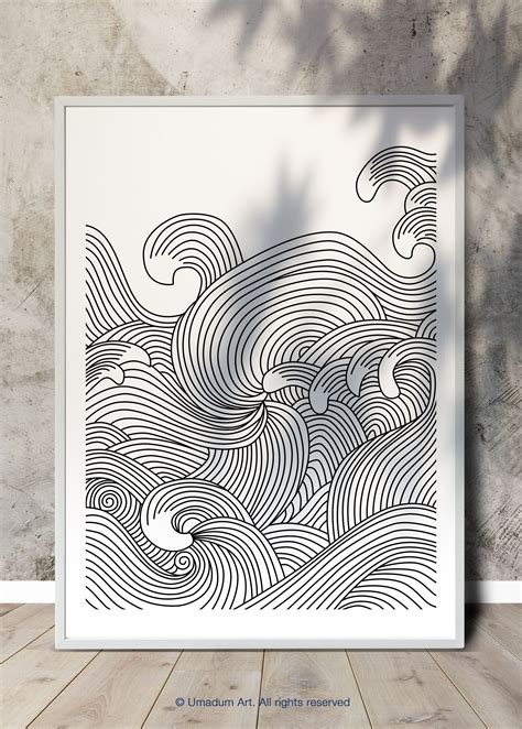 Abstract Wave Print Black and White Line Art Poster Japanese | Etsy ...