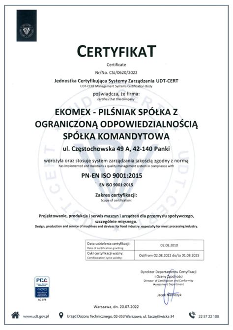 Działamy zgodnie z normą PN EN ISO 9001 2015 nowy certyfikat