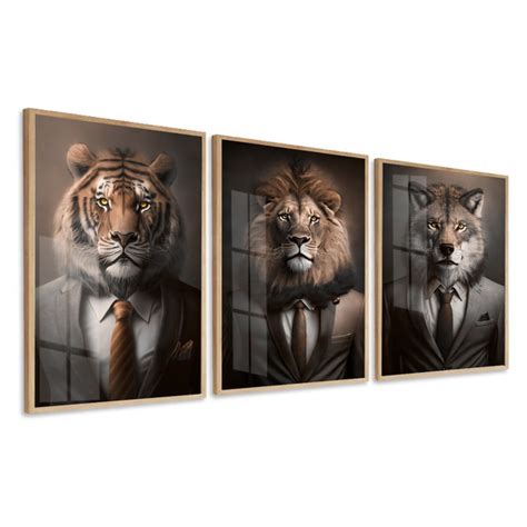 Quadro Decorativo para Escritório Sala Leão Tigre Lobo Terno