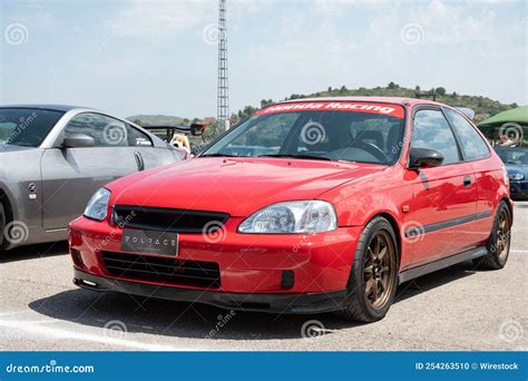 Classic Red Japanese Sports Car Honda Civic Ek Of The Sixth Generation At An Exhibit Editorial