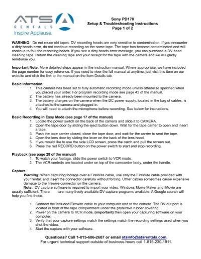 View Sony PD170 Setup And Troubleshooting Guide ATS Rentals