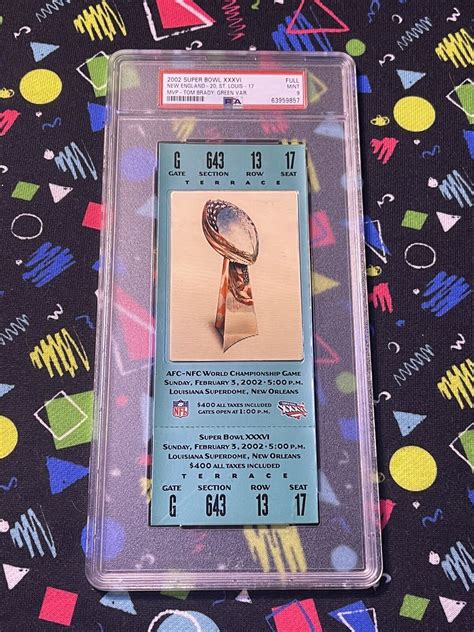 2002 Super Bowl 36 XXXVI FULL Ticket PSA 9 Mint Green Tom Brady