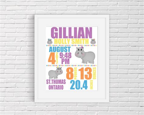 Hippopotamus Birth Stat Wall Art. Nursery Decor Print and Baby Gift - Etsy