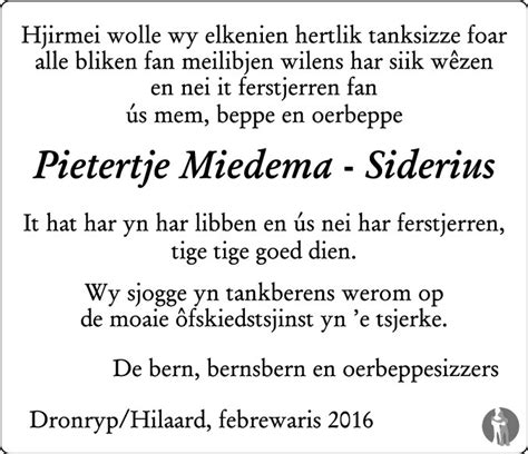 Pietertje Miedema Siderius Overlijdensbericht En