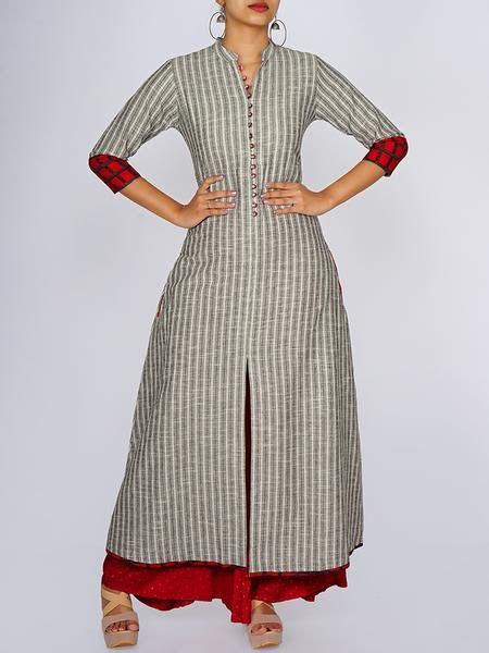 Potli Buttons Loops With Woven Striped Cotton Handloom Kurti Kurta