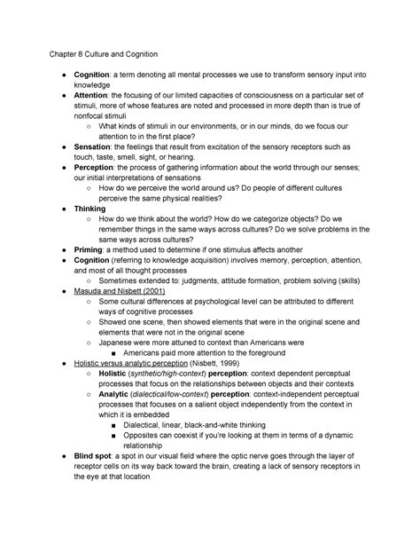 Lecture Notes 6 Chapter 8 Culture And Cognition Chapter 8 Culture