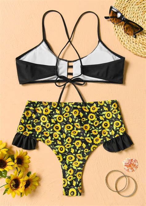 Sunflower Hollow Out Ruffled Tie Bikini Set Black Bellelily