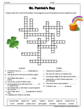 St Patrick S Day Crossword Puzzle Grades Fun No Prep Activity