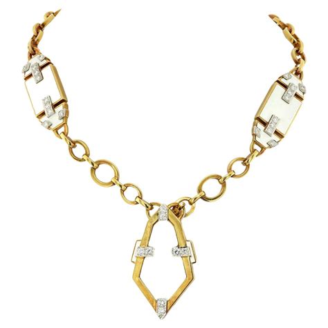 David Webb Platinum And K Yellow Gold White Enamel Geometric Chain