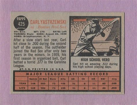 1962 Topps 425 Carl Yastrzemski HOF Boston Red Sox EX EXMT 200 EBay