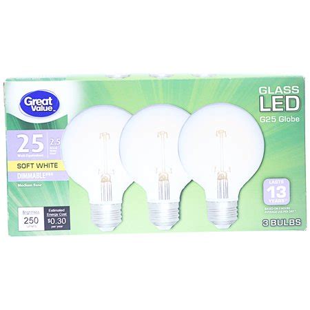 Great Value Glass LED Globe Light Bulbs, 25 Watt Equivalent, 2.5 Actual ...