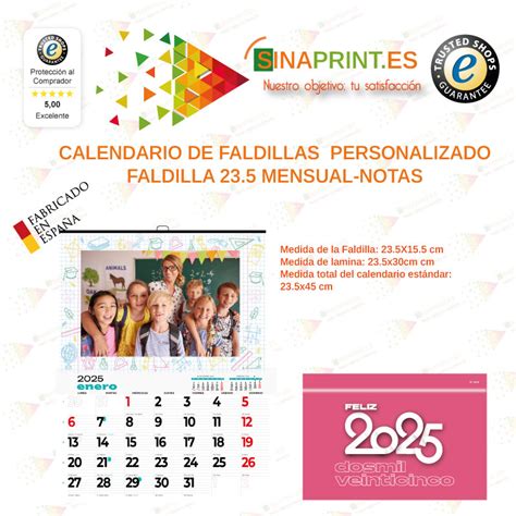 CALENDARIO DE FALDILLAS 23 5 MENSUAL NOTAS PERSONALIZADO 2025 Sinaprint