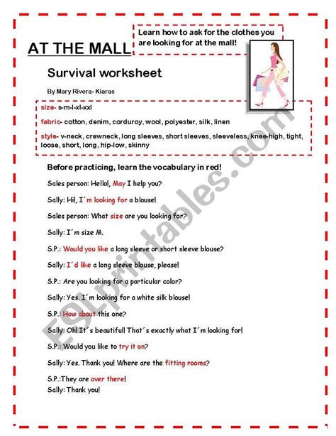 At The Mall Survival Worksheet And Exercises Esl Worksheet By Kiaras