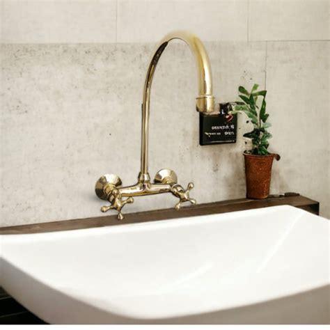 solid brass wall mount kitchen faucet cross handles gooseneck etsy