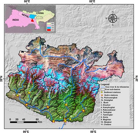 The Upper Kosi river basin and the major tributaries (Note: GRB: Ganges ...