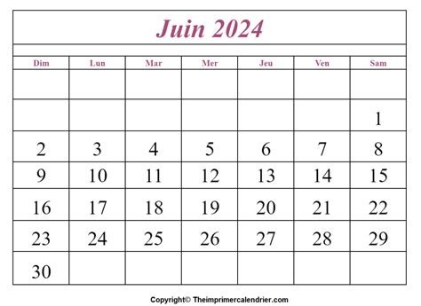 Juin Calendrier Imprimable The Imprimer Calendrier