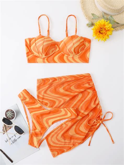 Allover Print Scallop Trim Push Up Bikini Swimsuit With Beach Skirt