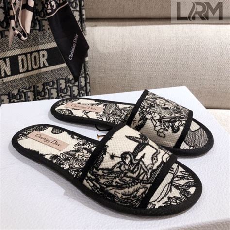 Dior Homey Slipper Sandals In Black And White Toile De Jouy Embroidery