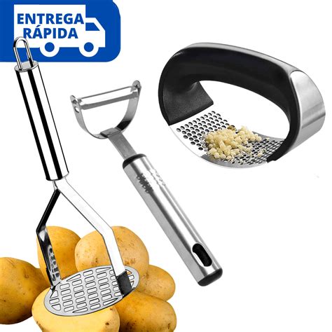 Jogo Kit Com Amassador De Batatas Descascador Amassador Legumes