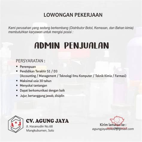 Lowongan Kerja Admin Penjualan Cv Agung Jaya Di Solo Info Loker Solo