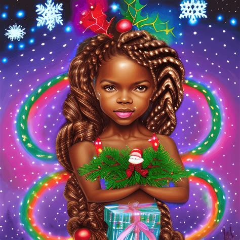 Intricately Rendered Dark Brown Skin Christmas Goddess With Christmas Light And Tree · Creative