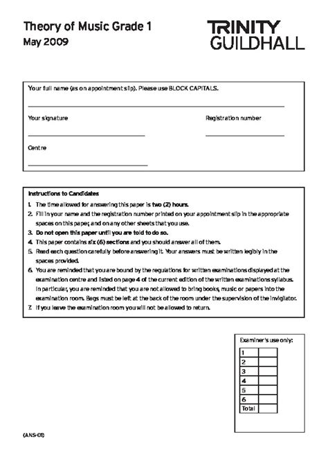 Music Theory Grade 1 Past Paper Trinity 2009 Pdfcoffee Com