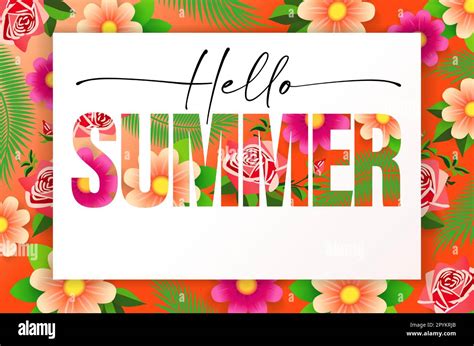 Hello Summer Typography With Palm Leaves And Flowers Discount Poster