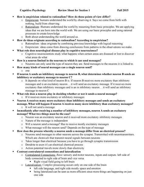 Psyc 2014 Midterm Study Guide Cognitive Psychology Review Sheet For