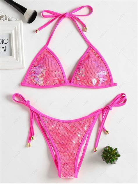 Sequined Scrunch Butt String Bikini Set Deep Pink Bikinis L Zaful