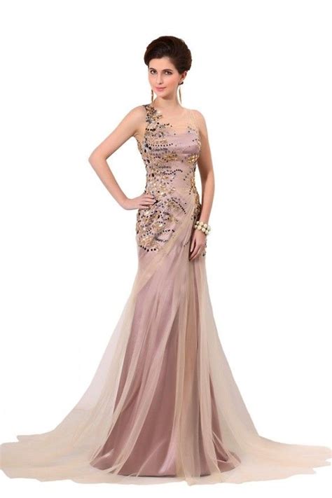 Charming A Line Scoop Crystal Beaded Dusty Rose Tulle Prom Evening