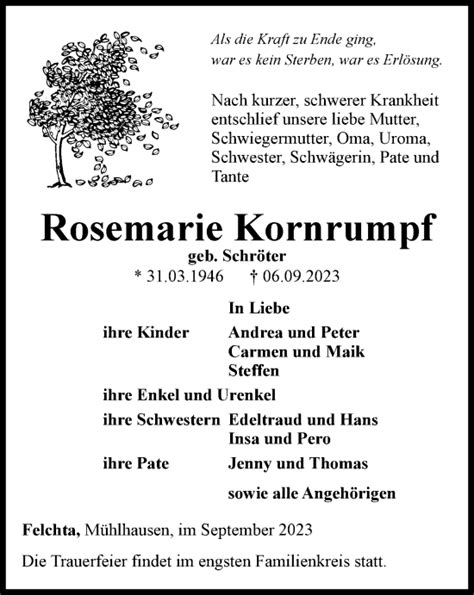 Traueranzeigen Von Rosemarie Kornrumpf Trauer In Thueringen De