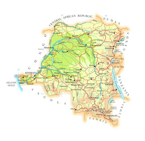 Detailed road and physical map of Congo Democratic Republic. Congo ...