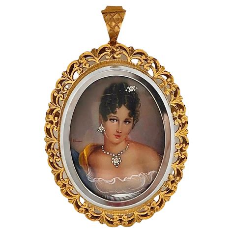 Antique Victorian 18K Yellow Gold Diamond Italian Hand Painted Portrait