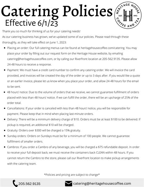 Catering policies — Heritage House Coffee & Tea