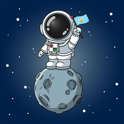 Bonito Astronauta Segurando A Bandeira Na Lua Vetor Premium