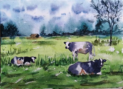 Watercolor painting cow's 🐮🐄 in a field. : r/Watercolor