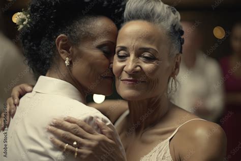 An Older Multi Racial Lesbian Couple Dances At A Wedding Generative Ai