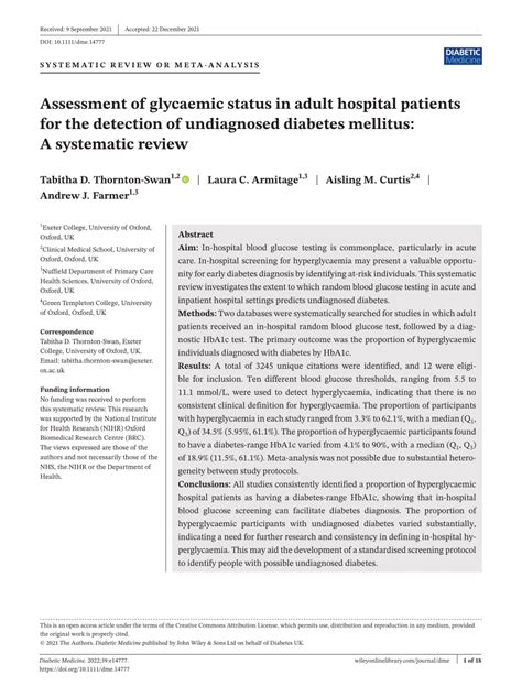 Pdf Assessment Of Glycaemic Status In Adult Hospital Patients For The