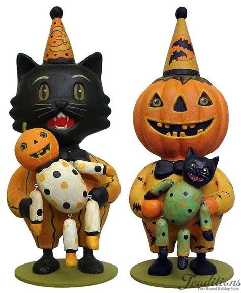 Halloween Black Cat And Pumpkin Man With Dolls Greg Guedel Folk Art