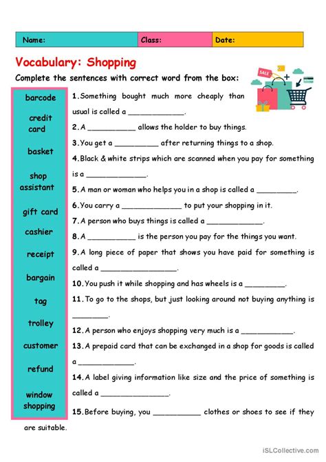 Vocabulary Shopping English Esl Worksheets Pdf Doc