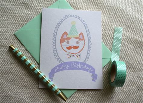 Illustrated Happy Birthday Cat Handmade Blank Greeting Card - Etsy