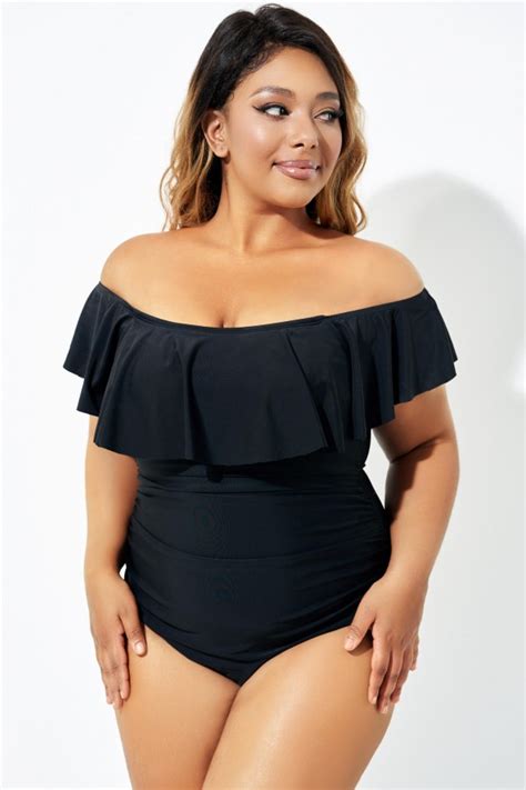 Black Bandeau Off The Shoulder Ruffle One Piece Swimsuit Meet Curve