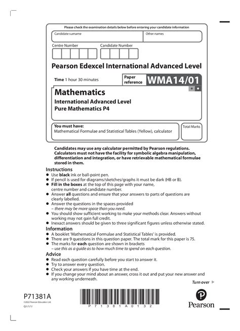 Pearson Edexcel Ial Wma A Level Mathematics International Advanced