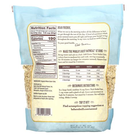 Bob S Red Mill Organic Extra Thick Rolled Oats Whole Grain 32 Oz 907 G