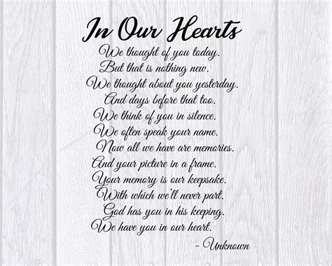 In Our Hearts Poem Bereavement Mourning Sympathy Grief Etsy