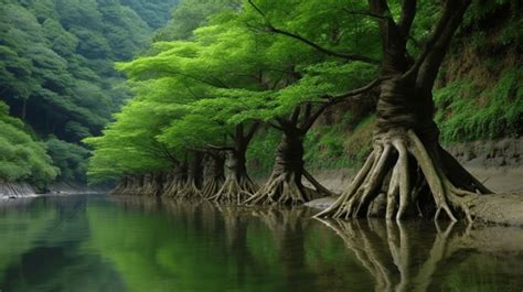 Tree S Roots Are Growing Alongside A River In Kyushu Background A