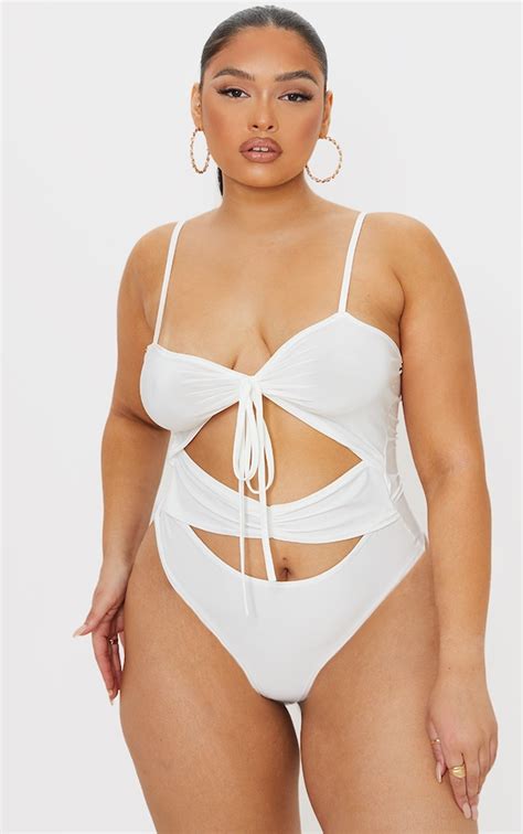 Plus White Cut Out Bodysuit Plus Size Prettylittlething Aus