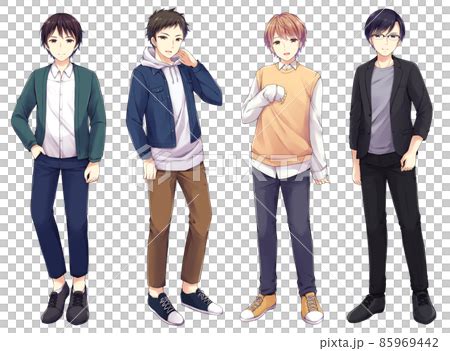 4 Anime Style Male Characters Full Body Stock Illustration