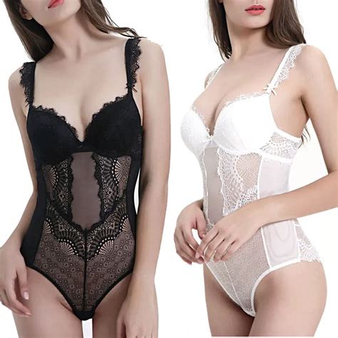 Newly Women Snap Crotch Lingerie Lace Bodysuit Deep V Piece Lace